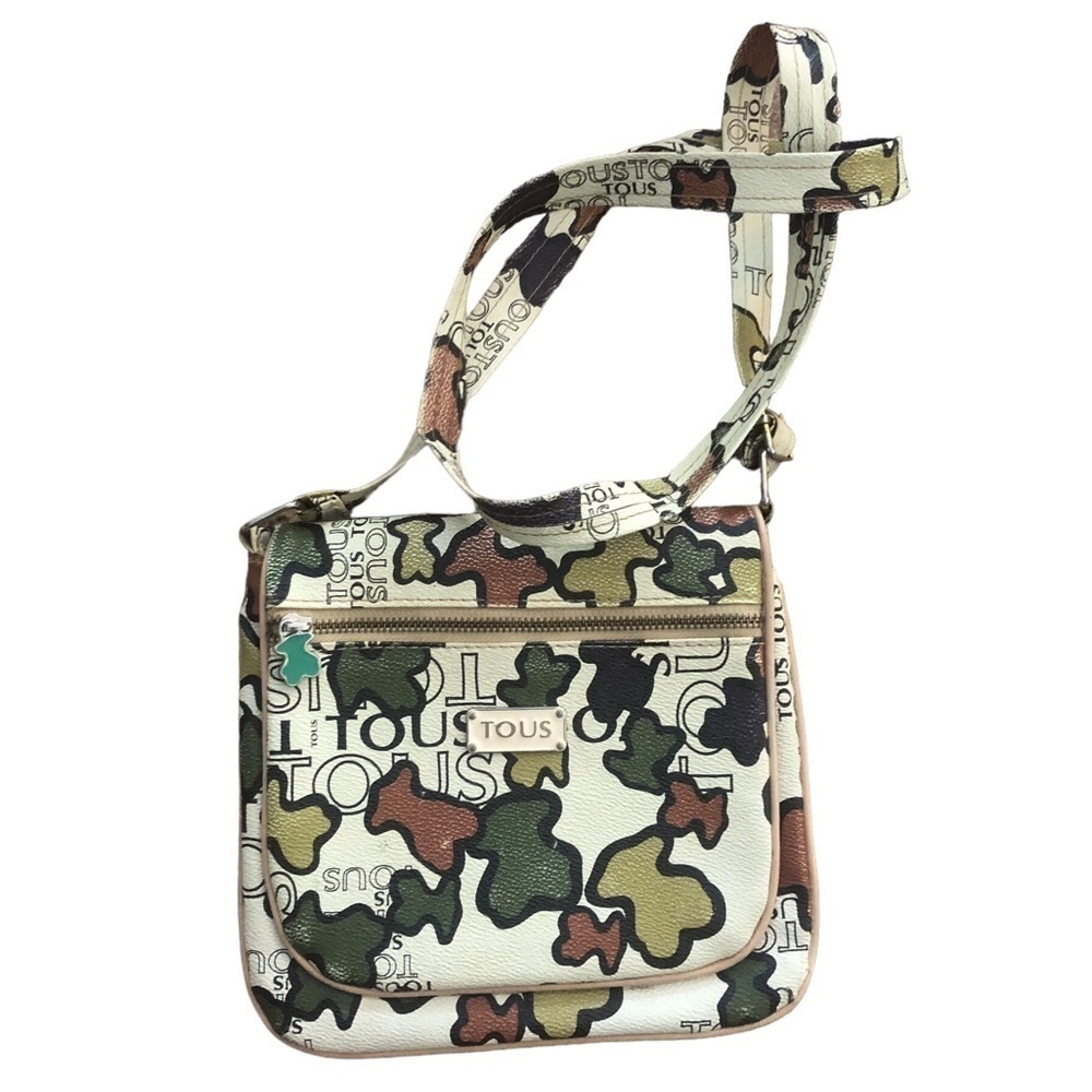 TOUS Crossbody Handbag Multi~Color Front Zipper Pocket Logo Charm Tan Green Rust